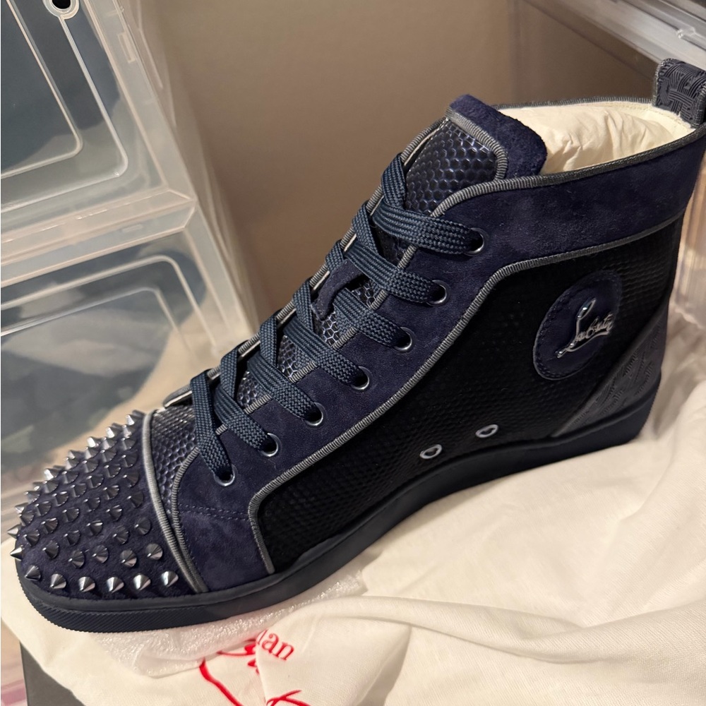 Christian Louboutin Men's Navy Spike High-Top Sneakers with Studded Toe